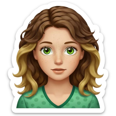 Brunette with blonde highlights, wavy hair, freckles, and green eyes sticker