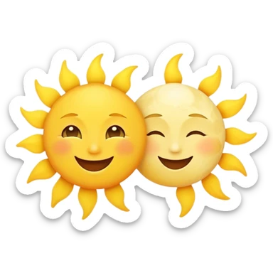 a really bright  big sun and a small moon who shines because of it. the sun is bigger and the tiny \moon bright too beside it smiling looking at each other sticker