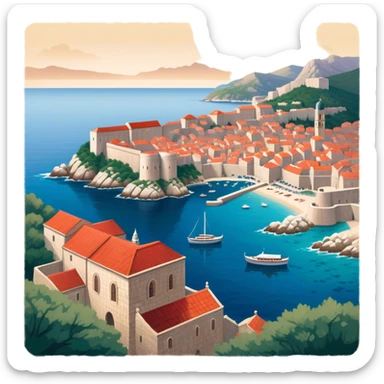 Cinematic Realistic aerial view of the historic city of Dubrovnik, showcasing its iconic red-roofed architecture, fortified walls, and sparkling Adriatic coastline, rendered with rich textures and warm Mediterranean lighting that captures its old-world charm. sticker