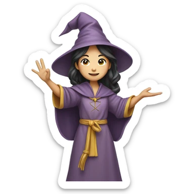 A female young wizard raises her right hand high in the air, asian face  sticker