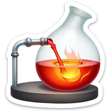 Glassblowing and casting icon, molten glass being shaped into a delicate object with a blowpipe, glowing red-hot glass being poured into a mold, unfinished glass sculpture, minimalistic style, clean lines, transparent background. sticker