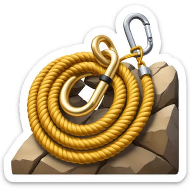 A 3D cartoon coiled climbing rope with a carabiner, golden color, resting on a rocky surface, realistic soft shadows, Memoji-style rendering. negative : Flag. sticker