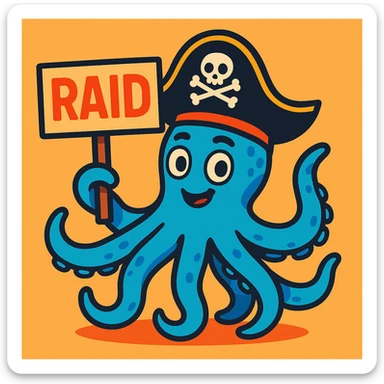 a blue octopus wearing a pirate hat holding a sign that says RAID, fun, bold style, vibrant colors, modern illustration sticker