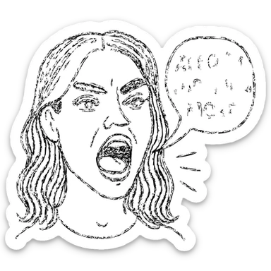 A hand-drawn outlined character with hazel-green almond eyes, wide eyebrows, brunette with white front strands, plump lips, chin dimple, square face, high cheekbones, small nose, shouting 'атрофированный мозг' sticker