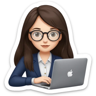 brunette woman with long hair and round glasses, typing on a laptop sticker