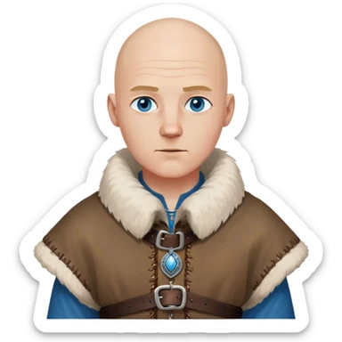 medieval outfit worn by a DnD themed fantasy character. basic rough-spun tunic with a fur-lined collar and a leather strap across the chest. clothes only above the waist. The clothes full waist. The character's haven't arms. character is bald, blue eyes, white-skinned man. sticker
