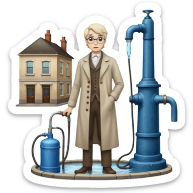 A victorian doctor with a street water pump in a dirty street sticker