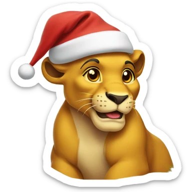Simba with winter Santa hat infront of Christmas tree sticker