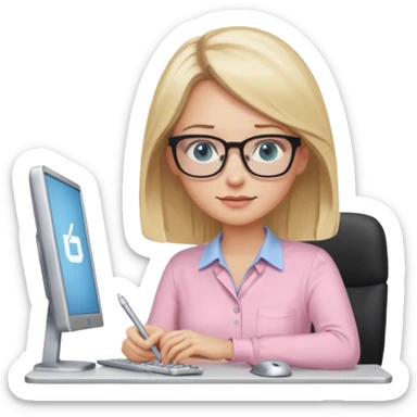 redattrice editoriale. Bionda, capelli lisci biondo scuro, lunghezza media. Occhi azzurri/blu con occhiali. è al pc a lavorare. Indossa una camicetta rosa chiaro sticker