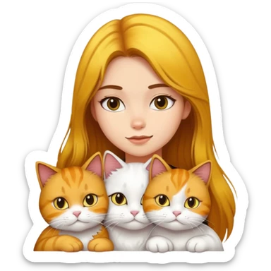 Girl with yellow and black Balayage longhair  petting her two white Garfield cat and brown Garfield cat sticker