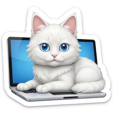 white cat lounging on a bed, looking at a computer screen sticker