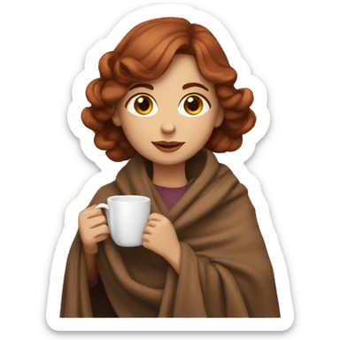 girl with reddish brown hair and brown eyes with blanket wrapped about shoulders and sipping tea sticker