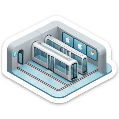 Isometric underground metro station, Apple-style minimalist 3D illustration, smooth surfaces, soft lighting, pastel blue and gray palette, clean geometry, cutaway underground view, no people, no labels, modern UI illustration. sticker