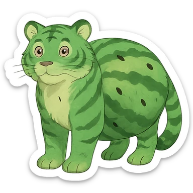 ghibli style green tiger with watermelon body sticker