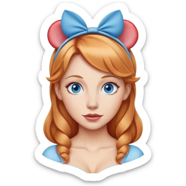 Strawberry blonde woman with blue eyes wearing round Disney ears on head sticker