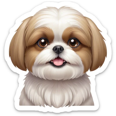 Cinematic Cute Shih Tzu Portrait Emoji, Head playfully tilted with large, sparkling eyes and a fluffy, endearing fur in gentle, pastel tones, simplified yet irresistibly charming, highly detailed, glowing with a warm, cuddly radiance, high shine, radiating affectionate and joyful energy, styled with a soft, playful outline, capturing the essence of a cute Shih Tzu that seems destined to charm everyone in its path! sticker
