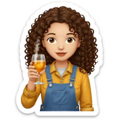 Curly haired curl with long dark brown hair and light skin in overalls toasting with alcohol  sticker