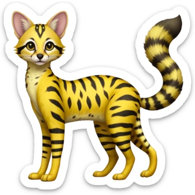 Lanky slender beautiful elegant spotted hype-realistic, black-maned, vibrant yellow Genet-Serval-Civet-fusion-hybrid-furry-fursona, full body, with a long puffy fluffy black-and-white-striped tail sticker