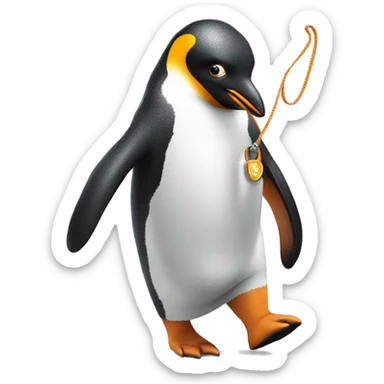 a penguin walking it's pet dog with a leash sticker