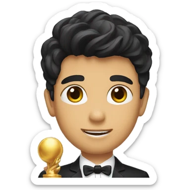 A boy with brow hair with a black suit holding a trophey  sticker