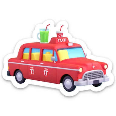 A red taxi cab with a soda fountain on top sticker