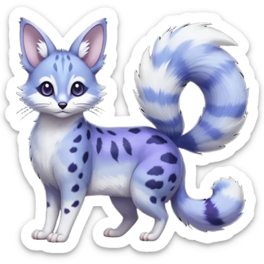  dull-colored gloomy-dark-deep-grayish-indigo-violet-gradients ghostly spectral spooky fur with random dark markings beautiful elegant pretty precious cute  Fakémon-Pokémon-opossum-feline-serval-caracal-chinchilla-Furret-Minccino-hybrid-creature with a big fluffy bushy tail (full body) sticker