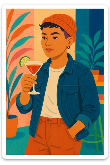 A non-binary person wearing a beanie holding a cocktail glass sticker