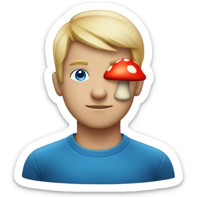 person with blue eyes and red mushroom in head sticker