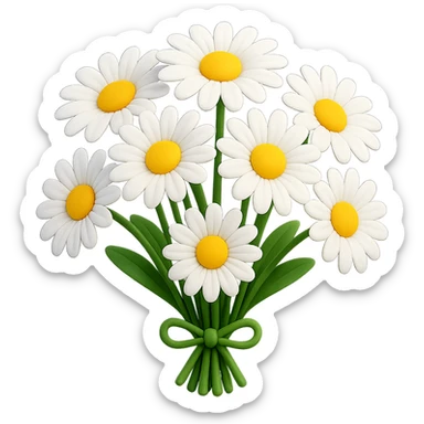 3D iOS-style bouquet of daisies, vibrant white petals, yellow centers, no background sticker