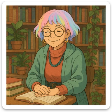 Gen Z librarian granny with pastel hair, hip clothing, surrounded by books and plants, warm expression, ghibli style sticker