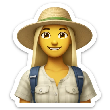 smiling girl in nature she’s wearing a Vietnamese sun hat and a shirt that says ikea sticker