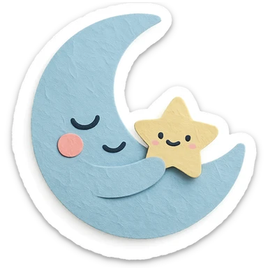 cute sleepy blue moon snuggling tiny plush star, no limbs, full body, soft pastel colors sticker