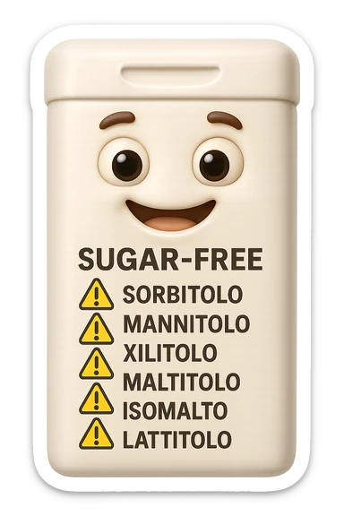 SU QUESTO STILE FAI UN EMOJI STILE IPHONE 3D DI UN pacchetto di gomme senza zucchero con ETICHETTA CON GLI INGREDIENTI SCRITTI, "sorbitolo, mannitolo, xilitolo, maltitolo, isomalto, lattitolo" accanto ad ogni nome scritto mettici un segnale di allarme, FALLO MOLTO REALISTICO IN 3D sticker