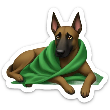Dark Belgian malinois is sleeping with green blanket  sticker