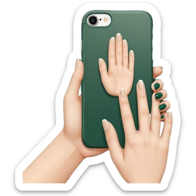 female hand with nude manicure (5 fingers) holding white iPhone in dark green case, back view, minimalism, emoji style sticker