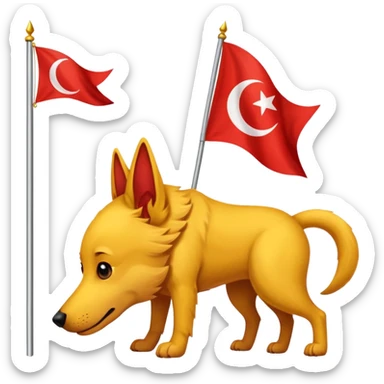A triangular yellow flag and middle of that flag a red crescent moon within that a Red dog sticker
