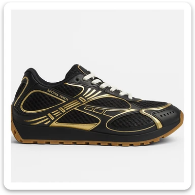 Recreate the Bottega Veneta Orbit sneaker in black with gold accents, exact design, shown at a sideways angle like the reference image, realistic style with a clean background. sticker