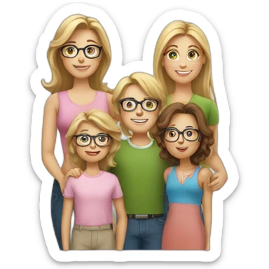 White family of 4, 1 mom with brown hair, 1 big boy with Brown hair, 2 girls with glasses and long blond hair sticker