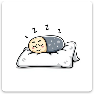 Cute sleeping pill with closed eyes and zzz sleep symbols, colorful sedative medicine capsule on a pillow, hand drawn sleep aid icon with gentle relaxing colors, sleep medicine concept sticker