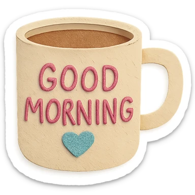 coffee cup with 'Good Morning' pastel handwritten text and heart, transparent background sticker