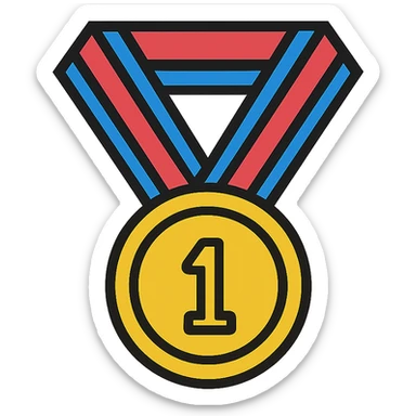 A gold medal with a ribbon sticker