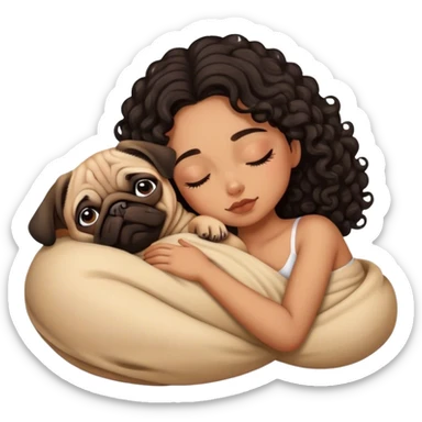 Tan skin girl dark curls sleeping with pug sticker