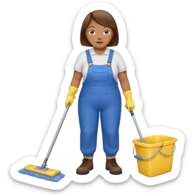 old and fat women, brown hair, Custodian with yellow rubber gloves, white T-shirt, blue overalls, mopping floor sticker