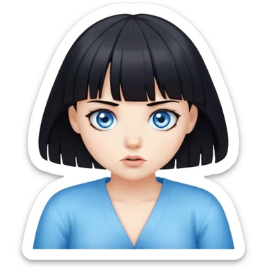 Girl with blue eyes and black hair with bangs shrugging sticker