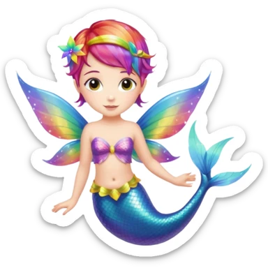 Fairy with mermaid tail and rainbow wings fair faced pixie hair sticker