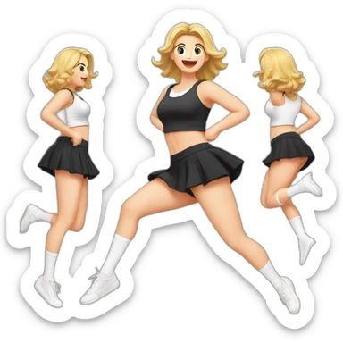 full-body-caucasian-curvy-beauty-jumping-short-black-skirt-back-and-front-views-strong-wind-white-knickers-long-white-socks sticker