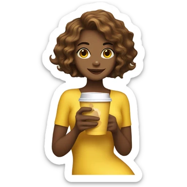 mermaid with a short bob haircut, hair color brown, holding a cup of coffee in a yellow package sticker