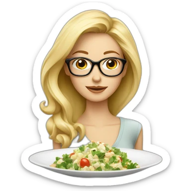 Blonde skinny woman with glasses with a large plate of olivier salad sticker