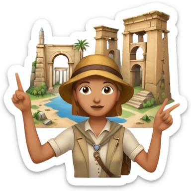 Icon for Documentary Film (TV style): A traveler pointing backward and narrating in front of ancient ruins. Include elements like historical landmarks, maps, and exploration tools to evoke a sense of adventure. Transparent background. sticker
