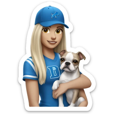 A blonde haired girl shoulder langth wearing a Detroit Lions hat and holding in her arms a gray and white Boston terrier sticker